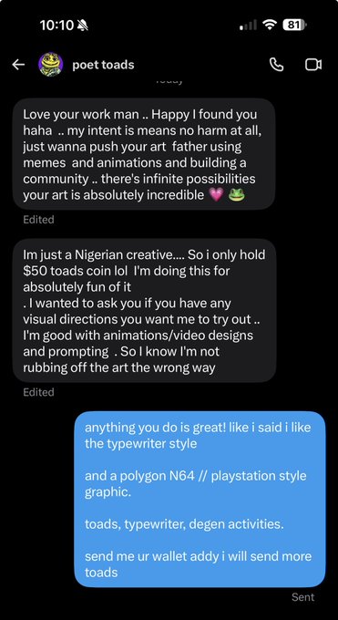 A screenshot of a text message conversation with "poet toads" where someone praises the recipient's art, mentions holding "50 toads" and asks about visual direction, followed by a reply about typewriter style, polygon N64 graphics, and requesting a wallet address.