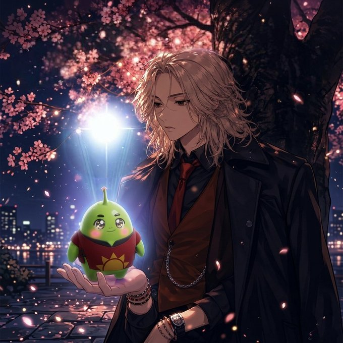An anime-style illustration shows a blonde-haired man in a dark coat and red tie holding a small, glowing green creature with a red and yellow outfit, set against falling cherry blossoms at night.