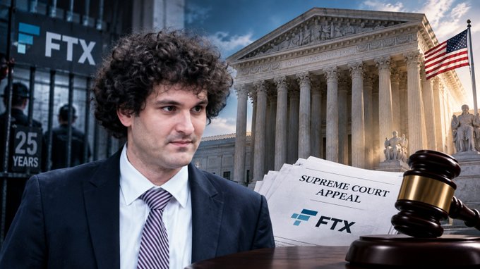 A composite image showing a man with curly hair in a suit beside FTX logos, a Supreme Court building, an American flag, a judge's gavel, and documents labeled 'SUPREME COURT APPEAL' and 'FTX'.