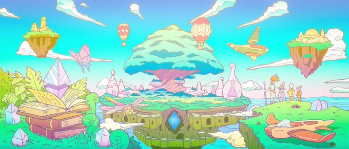 A vibrant pastel fantasy landscape features floating islands, hot air balloons, and whimsical creatures including a bird, dragonfly, and butterfly perched near an open book and magical sword. The colorful, cartoonish scene with a giant tree and crystal-topped structure evokes the imaginative world-building theme of the post's AI bounty announcements for scanning GitHub projects and running benchmarks.