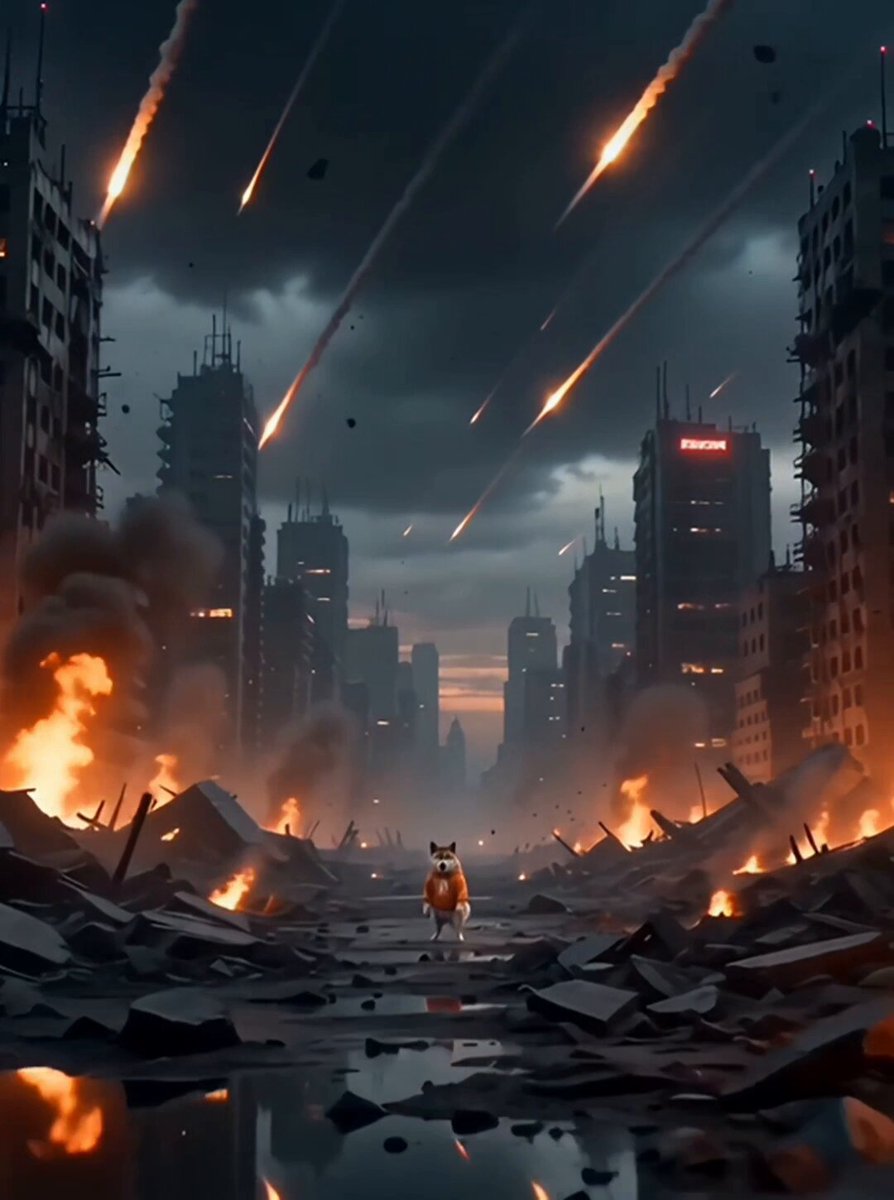 The image features a man standing in front of a burning city, with buildings engulfed in flames and debris scattered around him. The sky above is filled with smoke and fire, creating an intense atmosphere. In the background, there are several buildings that have been destroyed by the fires. A large explosion can be seen near one of these buildings, adding to the chaos and destruction. 

The man appears to be a character from a video game or movie, as he is wearing a backpack and has a dog on his shoulder. The image also contains text that reads "There' s many memecos but only 1 $DOG, and he' s $DOG of Bitcoin! When everything is crumbling and rug pulls keep rolling this $DOG will be here because when he goes rips you don't want to miss it!!!". This message seems to be related to the destruction happening in the image.