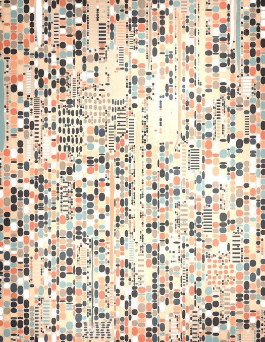 An abstract pattern artwork featuring vertical streams of dots, ovals, and stripes in earthy tones of brown, orange, blue, black, and cream on a light background.