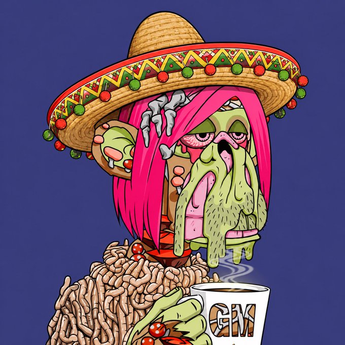 A colorful illustration of a green-skinned zombie character with pink hair, a sombrero, skeletal hands, holding a coffee cup labeled 'GIX' over a body of intestines.
