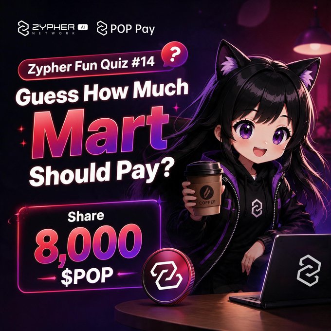 The promotional graphic for "Zypher Fun Quiz #14" features an anime-style character with cat ears holding a coffee cup beside a laptop, inviting participants to guess "How Much Mart Should Pay?" with a chance to share in a prize pool of 8,000 $POP. The image's eye-catching design and clear call-to-action align with the post's urgent reminder that the quiz ends tomorrow, encouraging last-minute participation before the deadline.