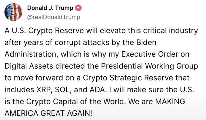 A screenshot of a tweet from Donald J. Trump (@realDonaldTrump) announcing a U.S. Crypto Reserve that includes XRP, SOL, and ADA as part of his Executive Order on Digital Assets, declaring his goal to make the U.S. the "Crypto Capital of the World." The tweet aligns with the accompanying post celebrating Trump's announcement of the Crypto Strategic Reserve featuring #XRP, SOL, and ADA.