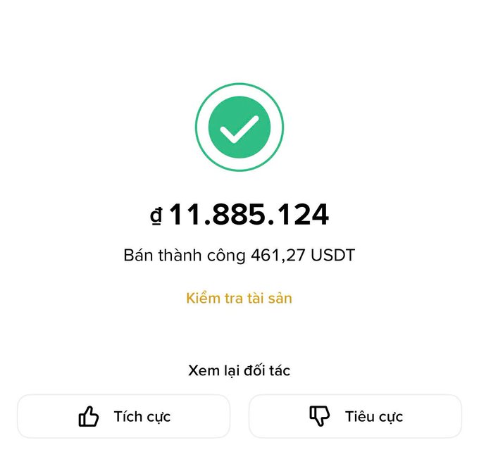 A confirmation screen shows a successful P2P sale of 461.27 USDT for 11,885,124 VND, illustrating the user's practice of cashing out crypto earnings into local currency near payroll periods.
