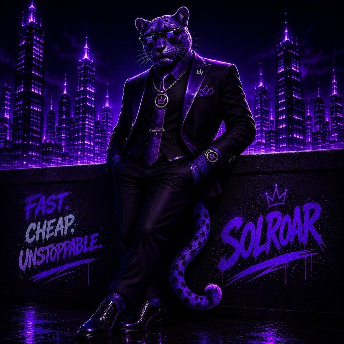 The image features a man dressed as a leopard cat wearing a suit and tie, sitting on a ledge or wall with his legs crossed. The background includes purple buildings that create an urban atmosphere. The caption of the image reads "Discover SolRoar One of the most interesting Solana gems right now Strong community, solid hype, and early momentum starting to build A lot of people chase green candles late... Smart holders look early before the". This suggests that there is a connection between the man in the suit and the SolRoar project. The image could be promoting or discussing the SolRoar project, which might be related to urban life, fashion, or even a video game featuring a leopard cat character.