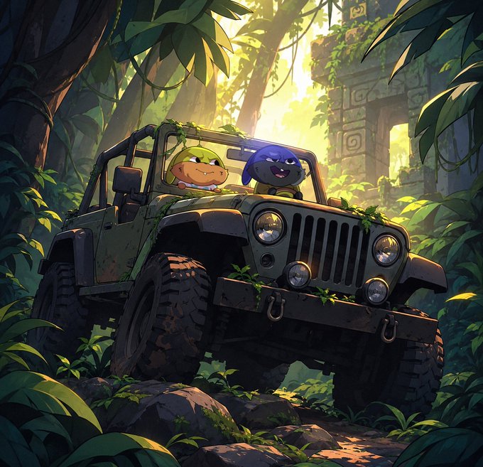 Two cartoon mascots, one green and one purple, ride atop a rugged jungle jeep through lush greenery and ancient stone ruins. The adventurous scene evokes exploration and discovery, fitting the "Bubble City" theme of a new journey beginning with 4,444 Búna.
