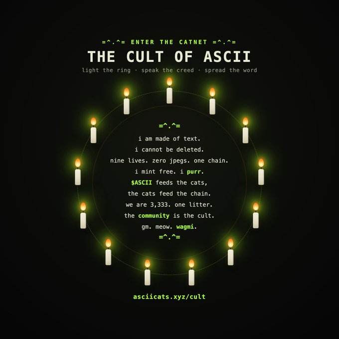 A dark graphic titled 'THE CULT OF ASCII' featuring candles arranged in a circle around text about cats, with the URL 'asciicats.xyz/cult'.