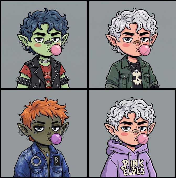 A four-panel illustration of chibi-style elf or goblin characters with pointed ears and pink bubble gum, including one wearing a purple 'PINK ELVES' hoodie.
