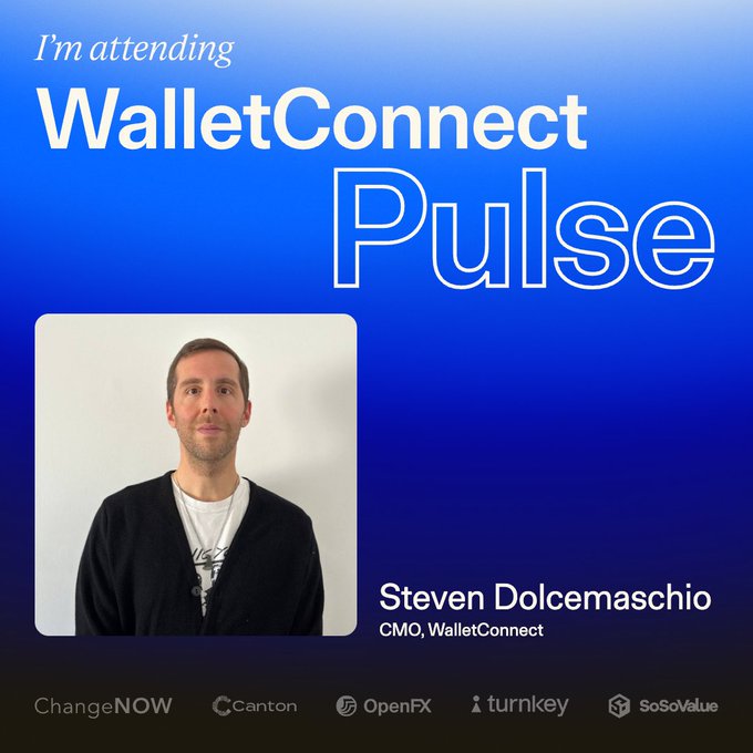 A promotional graphic announces 'I'm attending WalletConnect Pulse' featuring Steven Dolcemaschio, CMO of WalletConnect, along with logos including OpenFX and SoSoValue.