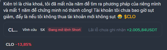 A Vietnamese trading post about $CLO mentions a 5X margin short position that hasn't been settled yet, showing an unrealized P/L of +2,005.84 USDT, while CLO is down 13.85%.