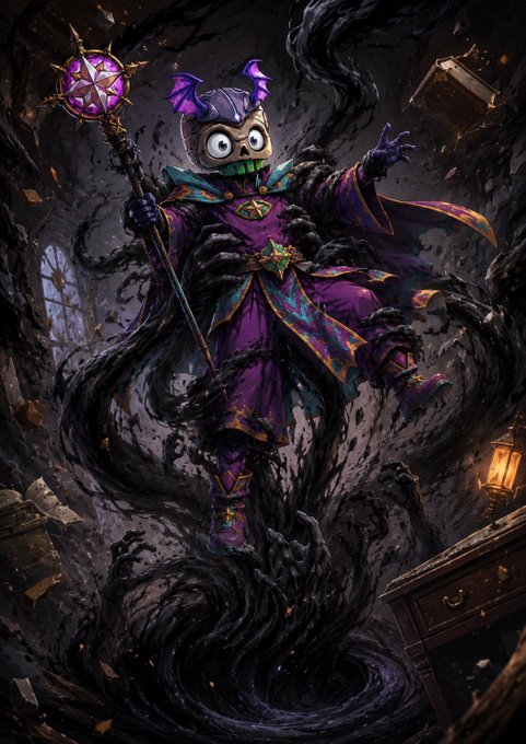Fantasy illustration of a sinister purple-cloaked character with a purple mask and horns, wielding a star-topped staff while being consumed by black shadow tendrils in a dark room.