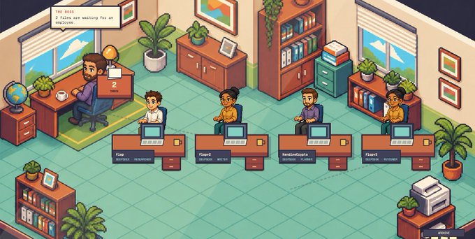 Isometric pixel art scene of an office or waiting area with characters at desks labeled with names like 'Fim', 'Fionn', 'Kendincrypt', and 'Fispro'.