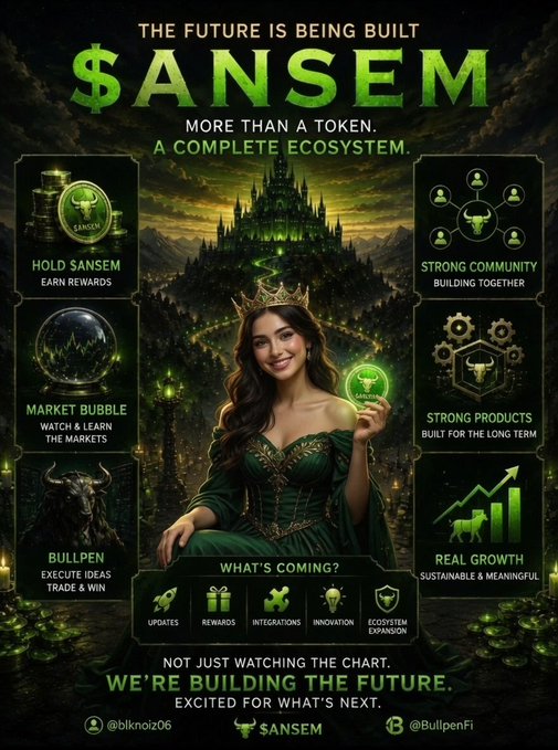 A promotional graphic for '$ANSEM' cryptocurrency stating 'THE FUTURE IS BEING BUILT' and 'MORE THAN A TOKEN. A COMPLETE ECOSYSTEM,' featuring a crowned woman holding a token, with a $ANSEM token visible.