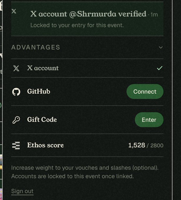A screenshot of a Commons Made vouching interface shows an X account @Shrmurda verified and linked to the entry, with an Ethos score of 1,528/2800 and options to connect a GitHub account or enter a gift code to gain further advantages. This supports the post's claim of receiving a token airdrop by vouching for @shrmurda on commonsmade.com/vouch.