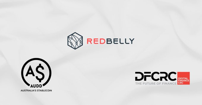 The image displays three logos: RedBelly (center), AUDD "Australia's Stablecoin" (bottom left), and DFCRC "The Future of Finance" Digital Finance CRC (bottom right), set against a light background—visually representing the key Australian entities and one of the regulated AUD stablecoins ($AUDD) mentioned in the post about ASIC-licensed stablecoins.