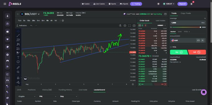 A cryptocurrency trading interface on Dreels showing a SOL/USDT chart at 73.36203 with ascending trendlines, an order book, and a trade panel set at 1x leverage.