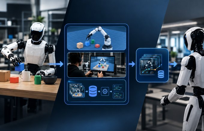An infographic showing humanoid robots and a workflow diagram with images of a robotic arm, a person in a VR headset, and data processing, connected by arrows.