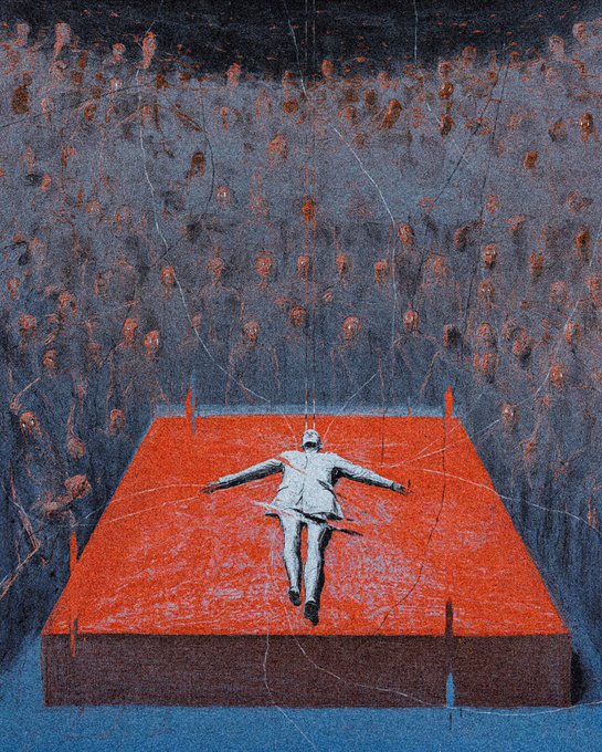 A surreal digital artwork titled "GM Souls - Into Awareness" depicts a lone figure clad in white, suspended eyes-down over a vivid red rectangular platform, surrounded by a shadowy crowd of ghostly onlookers peering in from a dark blue void. The striking composition, offered as a 1/1 NFT edition for 500 XTZ, evokes themes of awakening, isolation, and being watched—mirroring the contemplative, spiritual tone of the title "Into Awareness."