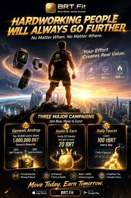 A promotional poster for BRT.Fit shows an athlete overlooking a city, emphasizing “Hardworking people will always go further” and tracking metrics including 12,846 steps, 68 bpm, and 568 kcal. It highlights three live campaigns: the Genesis Airdrop where the top 10,000 users share 1,000,000 BRT through a 50% tBRT snapshot and 50% valid invitations, Invite & Earn up to 20 BRT, and a daily faucet offering 100 tBRT.