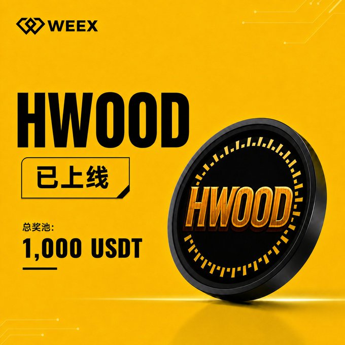 A bright yellow promotional graphic for the WEEX exchange features the text 'HWOOD', Chinese characters '已上线' (Now Live), and announces a prize pool of '1,000 USDT' next to a 3D coin displaying the HWOOD logo.