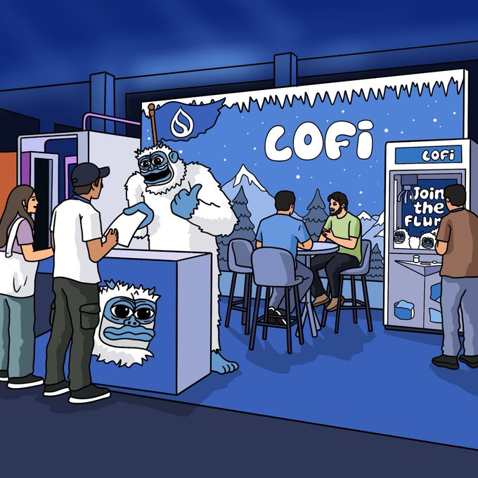 A cartoon-style illustration of a 'LOFi' themed booth or cafe at night, featuring a yeti mascot, winter scenery, customers sitting at tables, and an arcade machine labeled 'Join the Flur'.