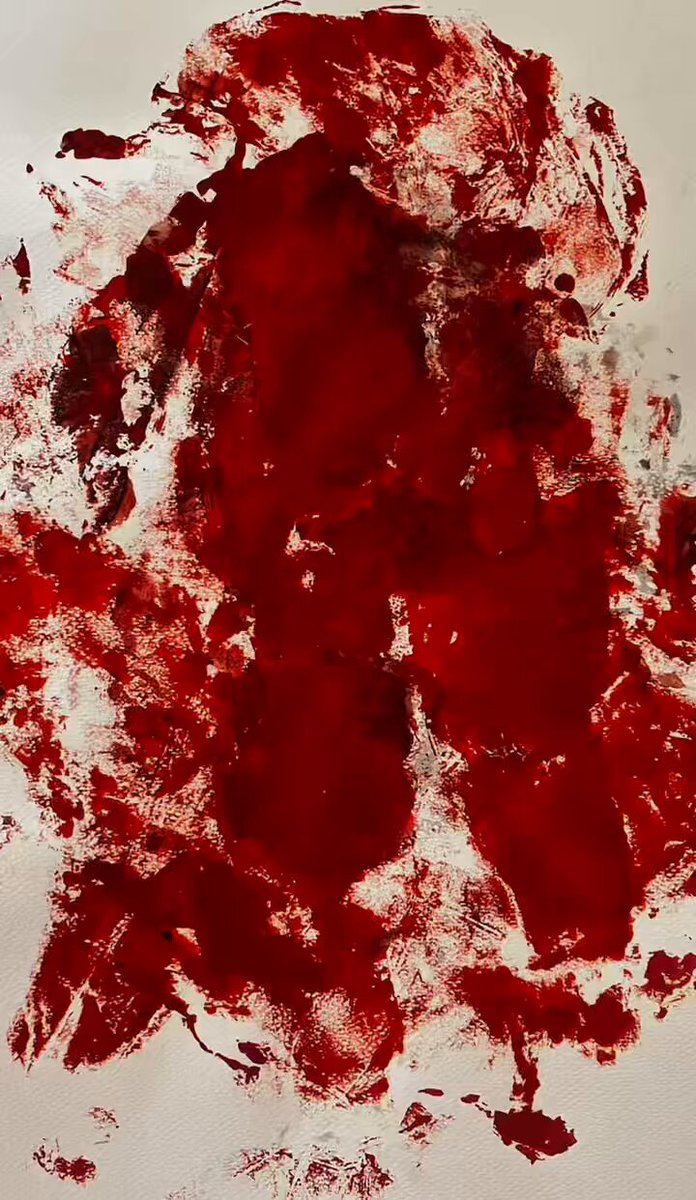 The image features an abstract painting with red paint splatters, giving it a blood-like appearance. The painting has been done using a marker or pencil, which can be seen through the splatters of color. The artist's signature "GM" is also present in the image. The painting seems to depict a sense of chaos and disorder, as if the colors have spilled out onto the canvas without any clear structure or order. This chaotic nature of the artwork could be related to the post that reads: "Crimson Surrender". The artist's signature on the bottom right corner suggests that this piece is likely created by them.