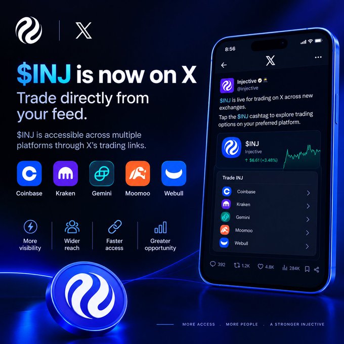 An advertisement announces '$INJ is now on X' from Injective, showing the cryptocurrency available for trading on platforms like Coinbase, Kraken, Gemini, Moomoo, and Webull, with text 'Trade directly from your feed.'