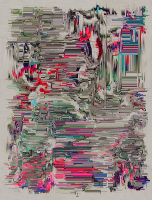An abstract, glitch-art style image featuring chaotic horizontal streaks of gray, black, red, pink, blue, and green against a white background.