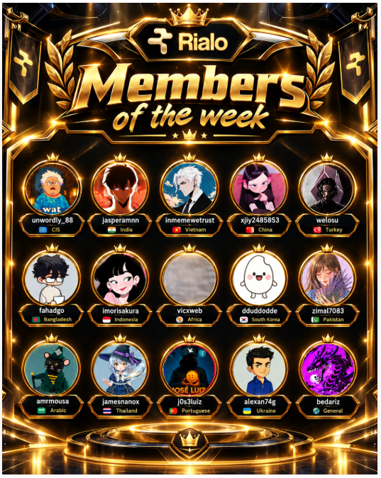 A gold, black, and Rialo-themed “Members of the Week” leaderboard displays 15 user avatars with usernames and countries, including unworldly_88 (CIS), jasperamnn (India), inmemewetrust (Vietnam), xjjy2488583 (China), and welosu (Turkey).