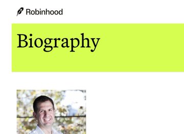 Robinhood webpage showing a Biography section with a partial photo of a smiling man below the heading.