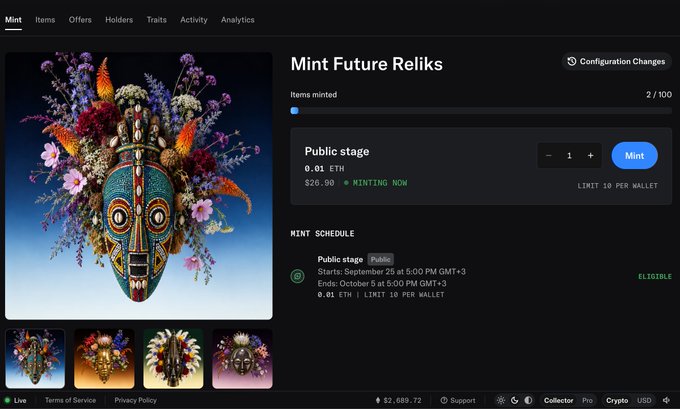 A webpage for minting 'Mint Future Reliks' NFTs, showing a colorful masked face decorated with flowers and priced at 0.01 ETH during a public minting stage.