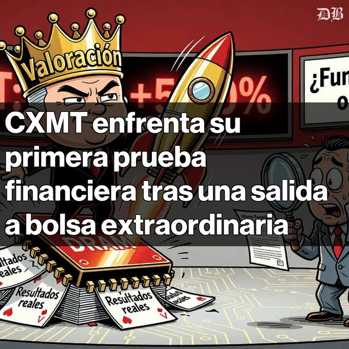 A cartoon illustration featuring a crowned figure labeled "Valoración" next to a rocket and a stressed businessman with a magnifying glass, with Spanish text reading "CXMT enfrenta su primera prueba financiera tras una salida a bolsa extraordinaria."
