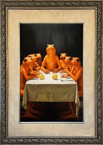 A surreal framed painting depicts a group of orange frogs sitting around a dinner table in a composition reminiscent of "The Last Supper," with a central frog figure flanked by companions. The image plays on the "Gaze of Frogs" theme and the post's reference to frogs, humorously presenting an "entertaining" spectacle of amphibian onlookers at a banquet.