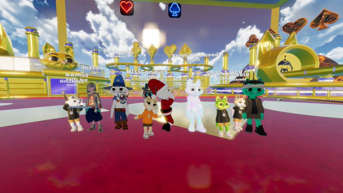 Various cartoon avatars gather in a colorful, golden virtual environment within a gaming or metaverse platform.