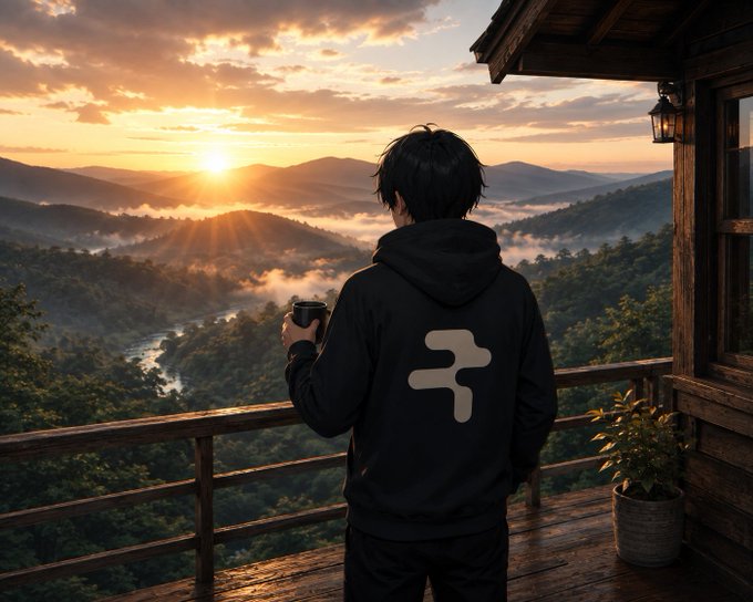 Digital artwork of a dark-haired person viewed from behind, wearing a black hoodie with a stylized 'F' logo, holding a coffee mug while looking out at a misty mountain valley at sunrise.
