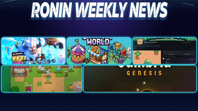 A digital graphic titled 'RONIN WEEKLY NEWS' featuring four panels showing game screenshots including 'IMPERIAL YETI', 'WORLD', a character profile, and 'GENESIS'.