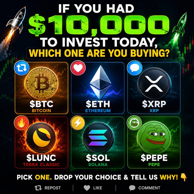 Crypto investment poll graphic asking 'IF YOU HAD $10,000 TO INVEST TODAY, WHICH ONE ARE YOU BUYING?' displaying coins $BTC Bitcoin, $ETH Ethereum, $XRP XRP, $LUNC Terra Classic, $SOL Solana, and $PEPE Pepe.