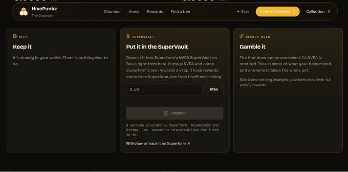 A screenshot of the HivePunkz 'The Chamber' interface showing three options: 'Keep it', 'Put it in the SuperVault' (with a deposit field showing 0.00), and 'Gamble it' for the weekly draw.