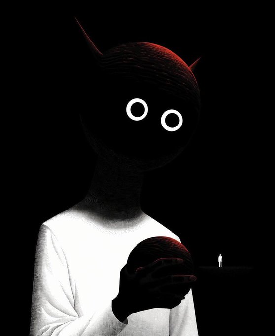 A stylized digital illustration shows a dark, horned figure with glowing white eyes in a white shirt holding a dark sphere, while a tiny white figure stands in the distant background.
