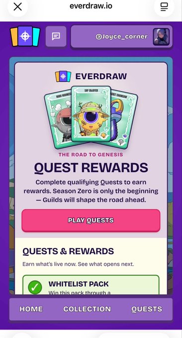 A screenshot of the everdraw.io mobile app shows a 'Quest Rewards' page for 'The Road to Genesis,' promoting Season Zero, with a 'Play Quests' button and a 'Whitelist Pack' reward option.