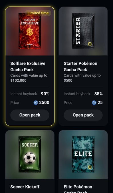 The image shows a digital storefront featuring Pokémon-themed gacha packs, including a "Solflare Exclusive Gacha Pack" priced at 2,500 with cards worth up to $102,000 and 90% instant buyback, alongside a "Starter Pokémon Gacha Pack" at 25 coins, a "Soccer Kickoff" pack, and an "Elite Pokémon" pack. The post highlights how the Solflare packs add excitement and unpredictability to the reward experience, transforming routine tasks into moments of anticipation about possibly winning high-value cards.