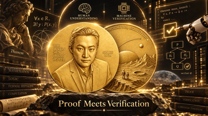 A digital graphic featuring a gold coin with a portrait of a man, labeled 'THE JESTIN SUN PRIZE' and 'SINCE 2026', with 'HUMAN UNDERSTANDING' and 'MACHINE VERIFICATION' icons, plus the text 'Proof Meets Verification' at the bottom.