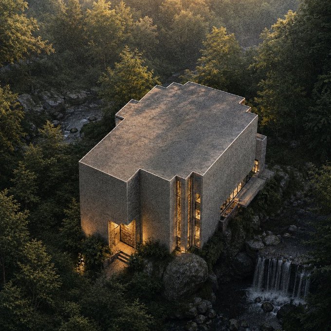 A monolithic stone structure sits nestled in a dense forest beside a waterfall, with warm interior lights glowing through narrow vertical windows. The accompanying post about a "CryptoPunks" study doesn't directly relate to this image, as it depicts an atmospheric architectural rendering rather than pixel art or NFT-style content.