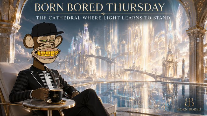 A Bored Ape NFT character wearing a black cap and suit sits relaxed in a chair holding a "Born Bored" mug, with a majestic glowing cathedral cityscape behind him. The image features the text "BORN BORED THURSDAY - THE CATHEDRAL WHERE LIGHT LEARNS TO STAND" and a "BORN BORED" logo.

The image ties to the post's theme of building momentum through consistent action—the grand, illuminated cathedral symbolizes the monumental structures Web3 builders can construct over time, while the ape's calm, confident pose reflects the steady patience and focus needed to "slay this Web3 Thursday" and make it the best day ever.