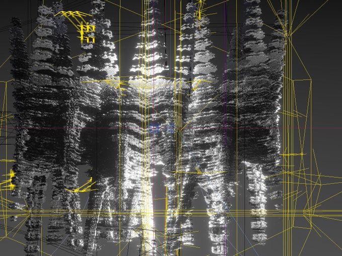 A 3D rendering or game development workspace view showing multiple character models with skeletal rigging and wireframe lines in a dark environment.