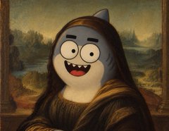 A humorous edit showing the Mona Lisa painting with the face replaced by a grinning cartoon cat.
