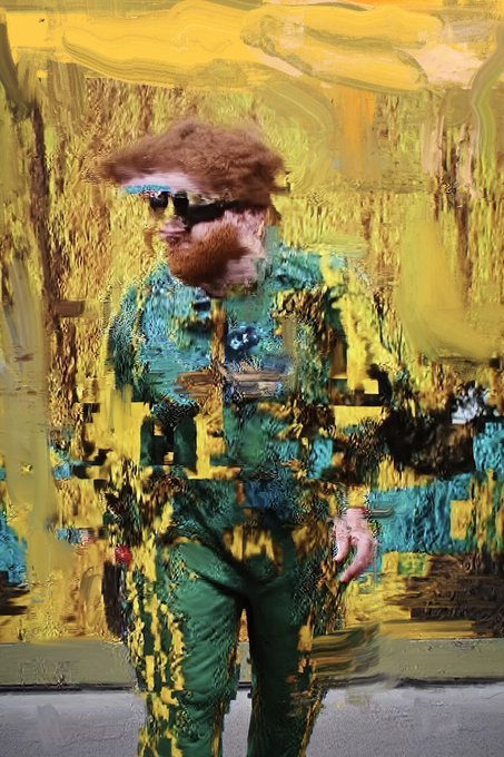 A digitally distorted, glitch-style portrait of a bearded man wearing sunglasses and a green/teal outfit against a swirling yellow background.