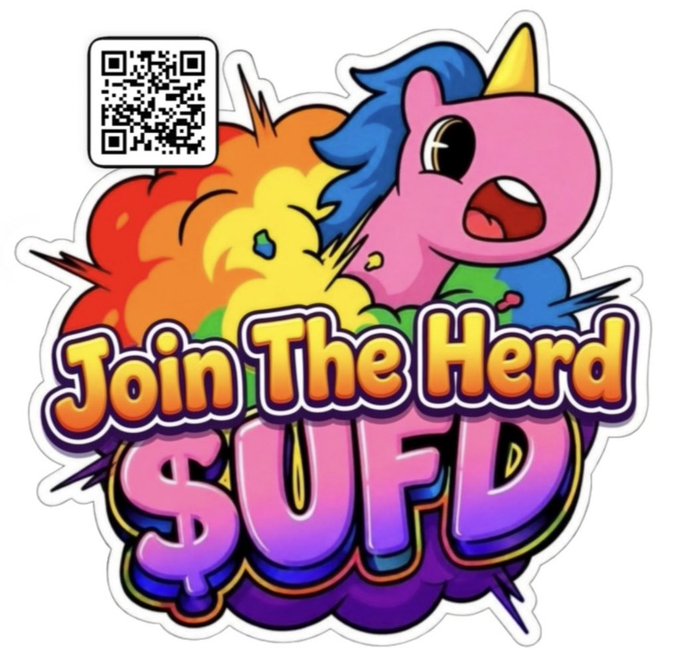 A colorful cartoon-style sticker features a pink unicorn emerging from a rainbow explosion with the bold text "Join The Herd $UFLO," while a QR code in the corner complements the post's anti-KOL, grassroots crypto message emphasizing community-driven success.